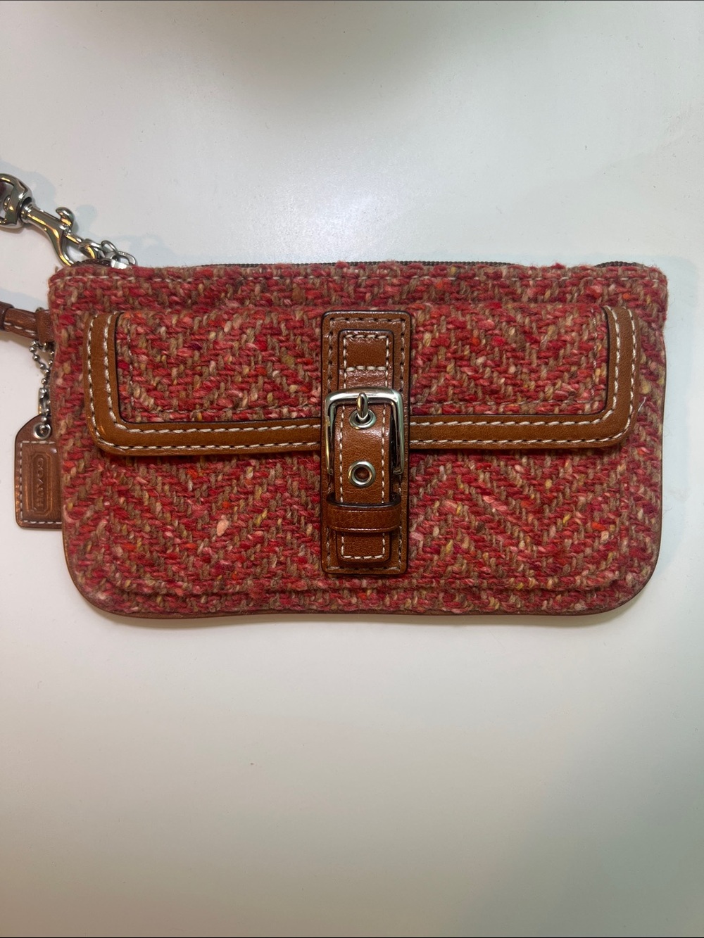 Vintage Coach Red Tweed Wristlet Clutch with Brown Leather Trim